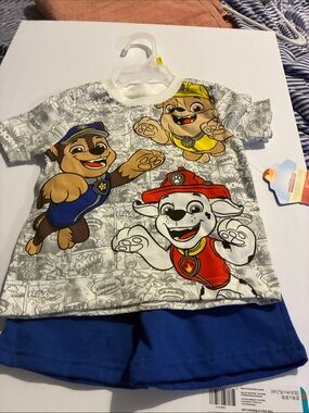 Paw Patrol White Tee with Red, Blue & Yellow Character Prints and Blue Shorts
